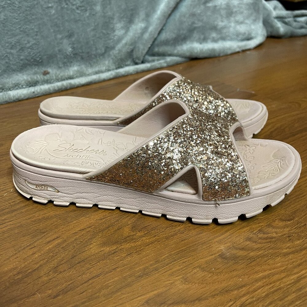 Skechers Womens Foamies Arch Fit Dazzled Glitter Slip On Slide Wedge Sandal 8